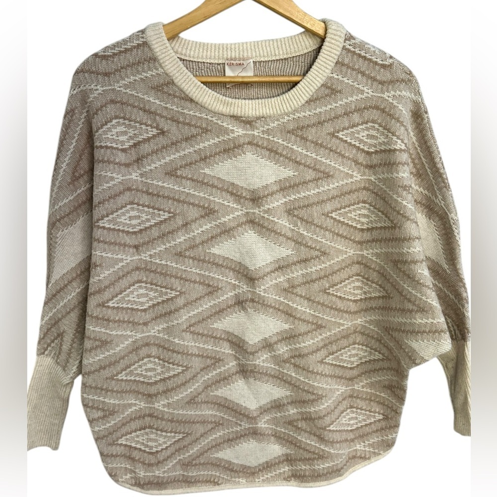 Kerisma Women’s Oversized Wool Blend Boho Ribbed‎ Knit Beige Brown Sweater M/L